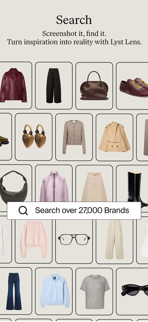 Lyst app search page featuring visual search and a wide variety of fashion items