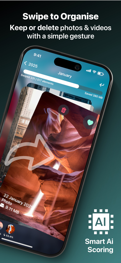 Free Up Storage: SwAipe - SwAipe app interface on an iPhone showing a photo being swiped to organize the gallery with smart AI scoring