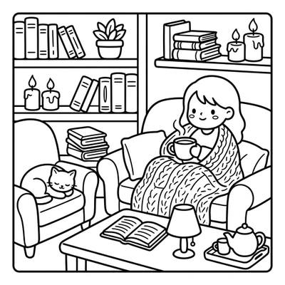 Embrace the ultimate comfort with this charming Kawaii coloring page, perfect for cozy 'Weekend Vibes'. Featuring a delightful home interior scene, it's an invitation to relax and get creative.