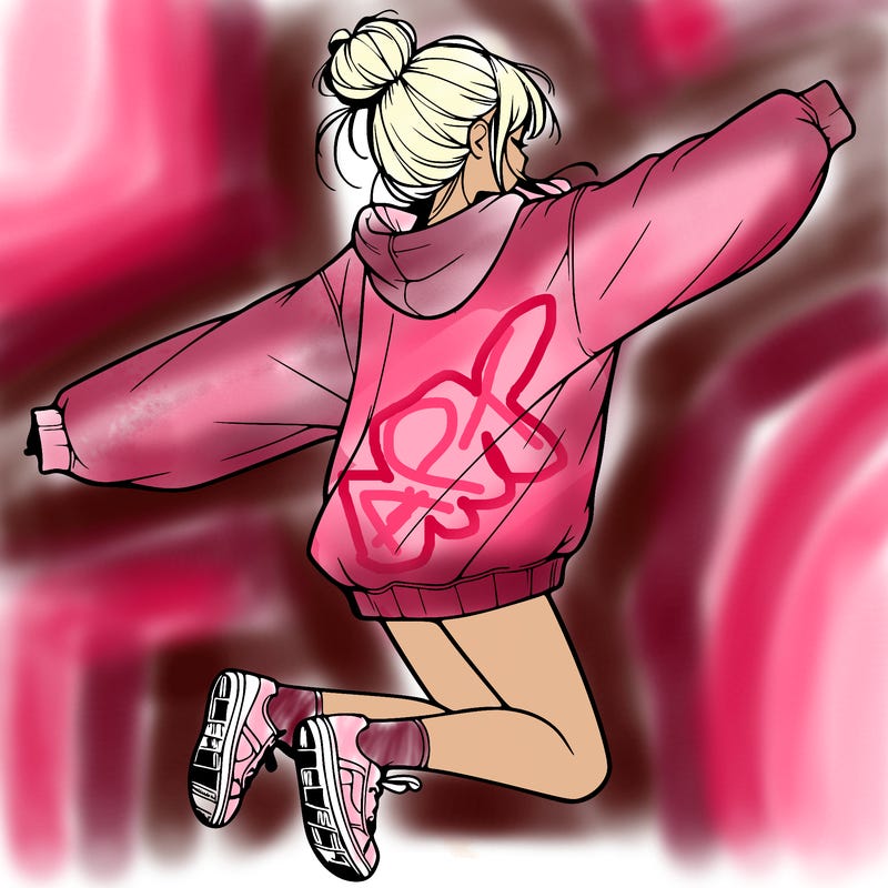 realistic girl jumping with a bun and oversized sweatshirt