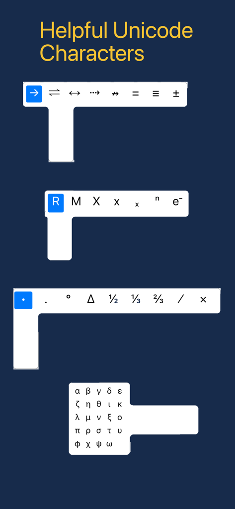 Chemistry Keyboard - Scientific Unicode symbols and Greek characters available in the Chemistry Keyboard