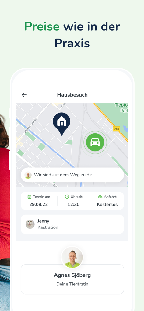 felmo Mobiler Tierarzt - ペットの自宅訪問のためにモバイル獣医師をリアルタイムで追跡する地図を表示するfelmoアプリのインターフェース