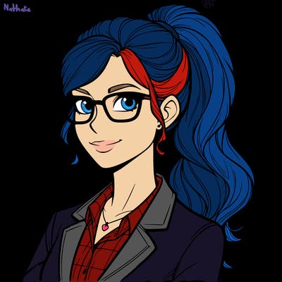 a teacher wears a ponytail and glasses
