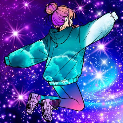 realistic girl jumping with a bun and oversized sweatshirt