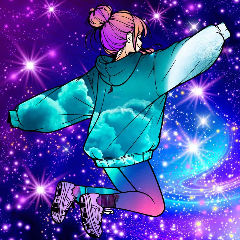 realistic girl jumping with a bun and oversized sweatshirt