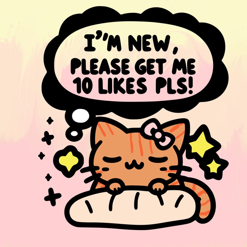 kitty taking a nap dream talking and saying "i'm new, please get me at least 10 likes pls!!"