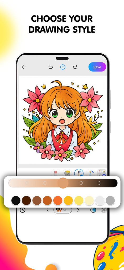 Pop Color: Painting & Coloring - Interface de colorir digital mostrando uma personagem de anime com fundo floral e paleta de cores
