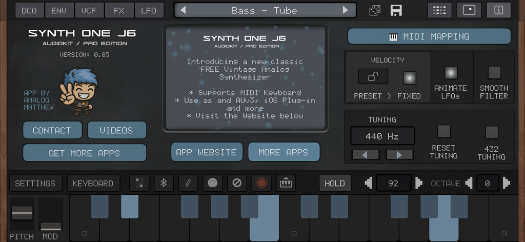 Settings screen of the AudioKit Synth One J6 vintage analog synthesizer app