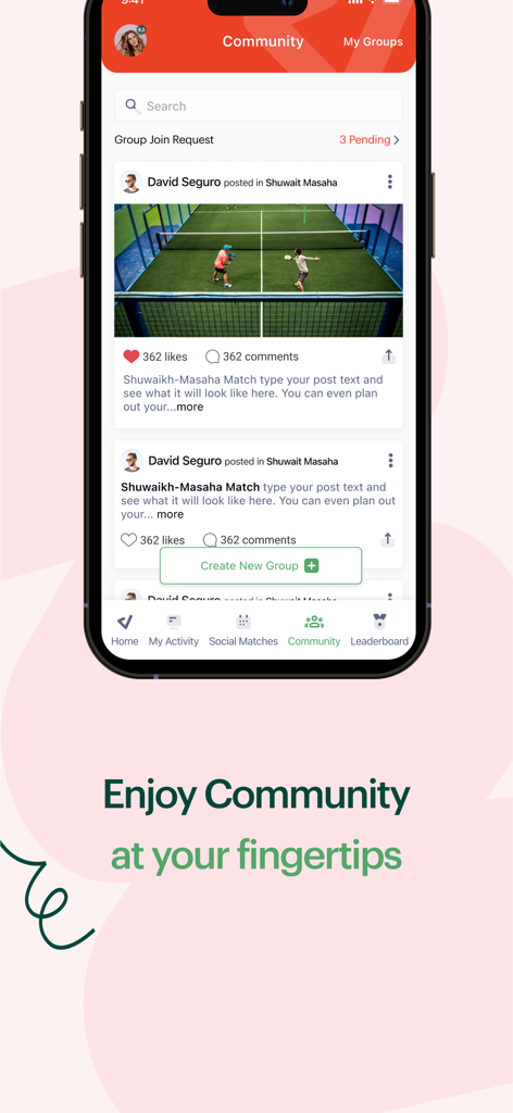 Li3ib app community screen showing social posts and sports activities