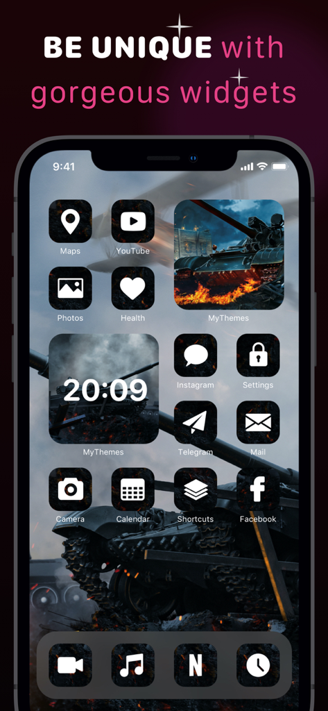 Themes Widgets Icon, Screen 14 - Custom iPhone home screen with a military tank theme and matching widgets and icons
