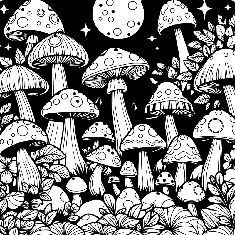 realistic mushroom garden at night