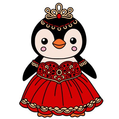 a penguin in a ball gown