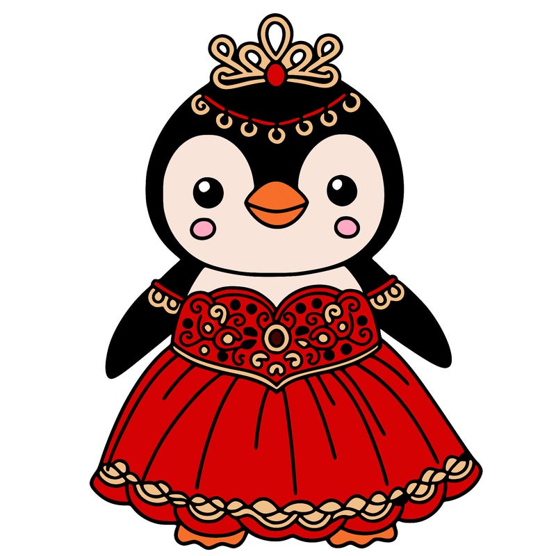a penguin in a ball gown