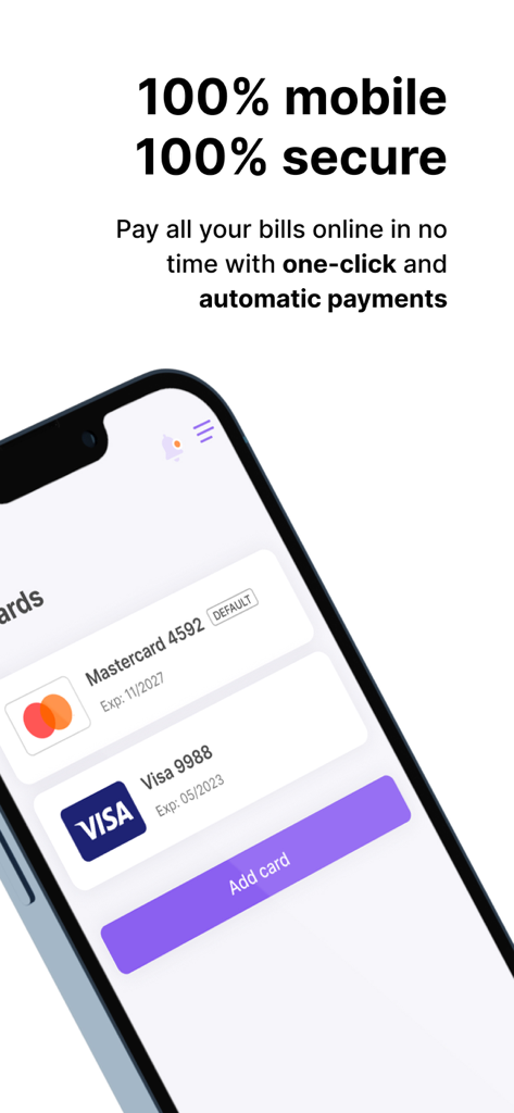Smartphone displaying the Bill.me app secure payment card interface