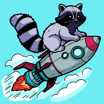realistic raccoon flying on top rocket ship