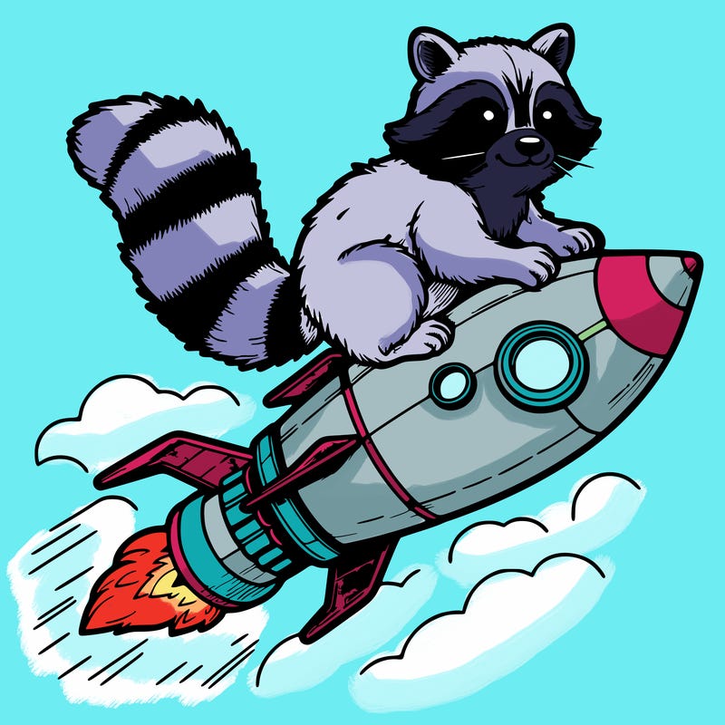 realistic raccoon flying on top rocket ship