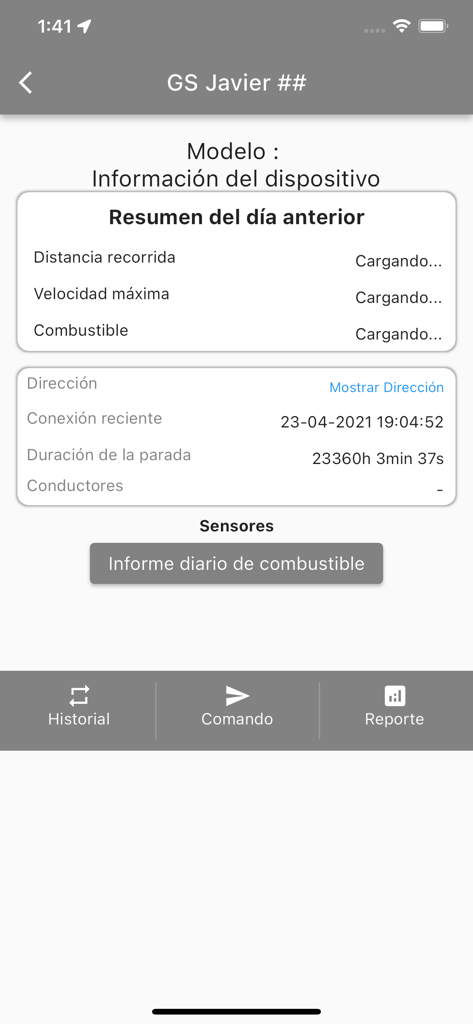 GPS STARLINK - Interface de resumo de veículo e relatório de combustível do GPS STARLINK em espanhol