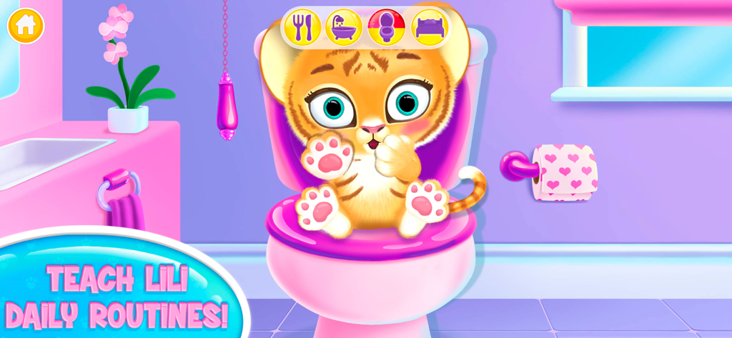 Lili the baby tiger sitting on a pink toilet learning daily routines
