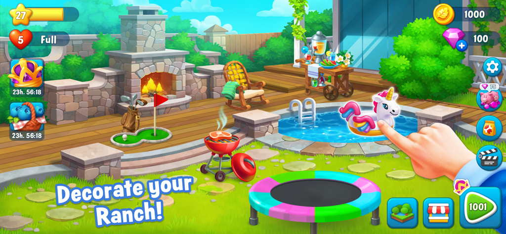 Ranch Adventures - Gameplay screenshot showing ranch decoration with a pool, trampoline, and fireplace
