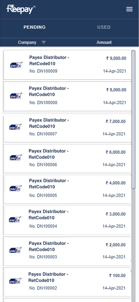 FreePay - Dashboard view of the FreePay app listing pending payments from distributors