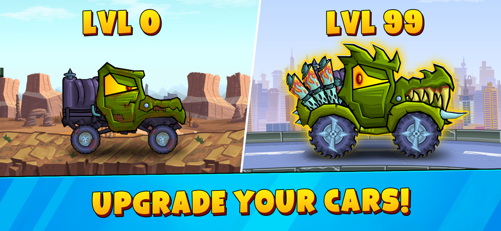 Car Eats Car 3 - Racing Cars - Comparação de um carro de Nível 0 e Nível 99 mostrando progressão e atualizações em Car Eats Car 3
