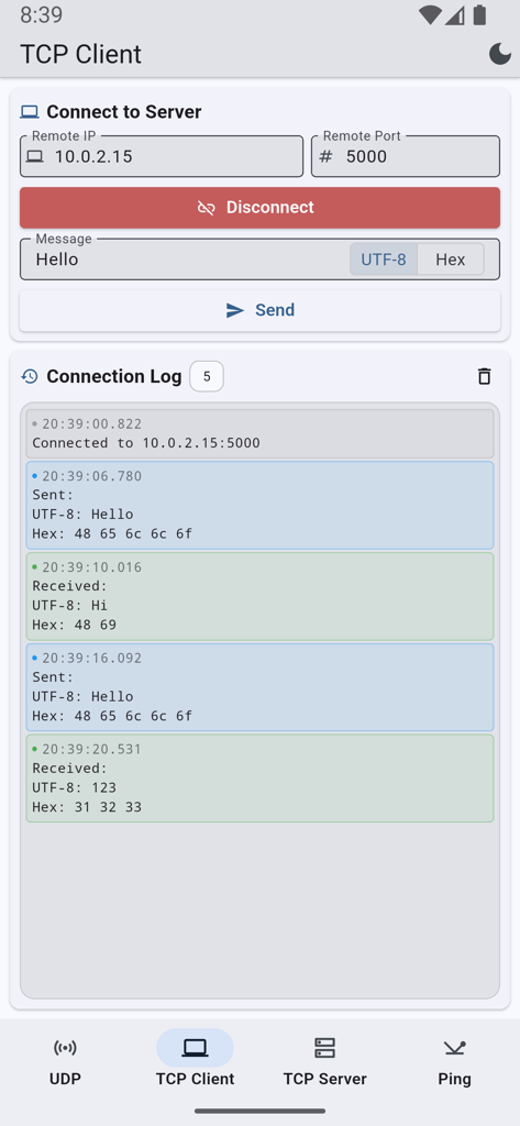 TCP Client interface showing network connection settings and detailed communication logs in text and hex formats