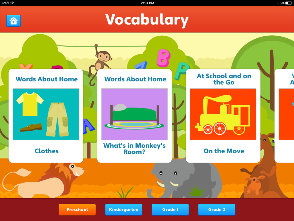 Skwids HD - Interface of Skwids HD app showing vocabulary categories including clothes and home topics for grades preschool through two
