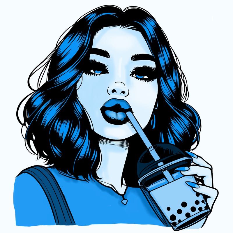 realistic girl with glossy lips holding boba