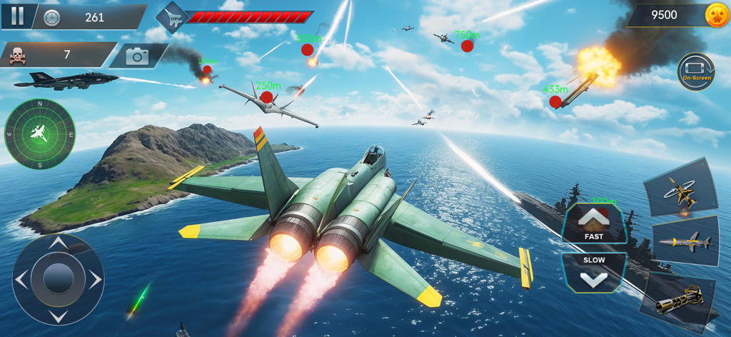 Airplane War Fighter Jet Games - Jugabilidad de combate aéreo que muestra un combate de aviones de combate sobre el océano cerca de un buque de guerra