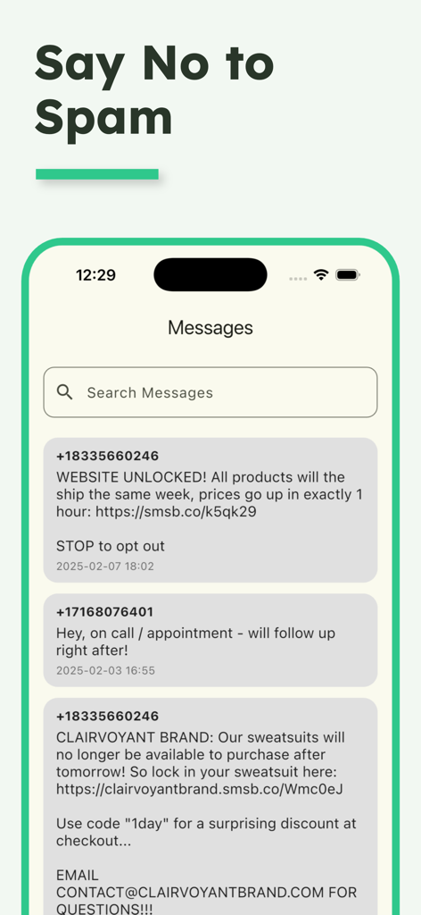 Second number : 2nd phone line - Mobile App-Oberfläche mit der Funktion "Nein zu Spam" und einer Liste von Nachrichten von unbekannten Nummern