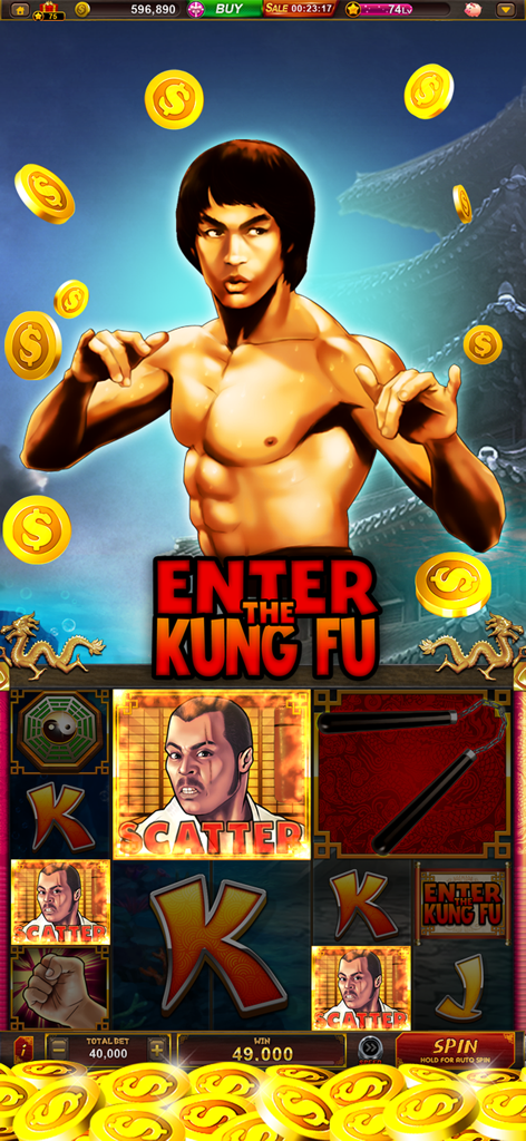 Galaxy Casino - Slots game - Pantalla del juego de tragamonedas móvil Galaxy Casino que muestra la máquina tragamonedas temática Enter the Kung Fu con un artista marcial y monedas de oro cayendo