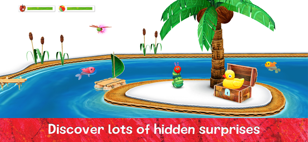 My Very Hungry Caterpillar - The Very Hungry Caterpillar on a 3D island next to a treasure chest and a palm tree.