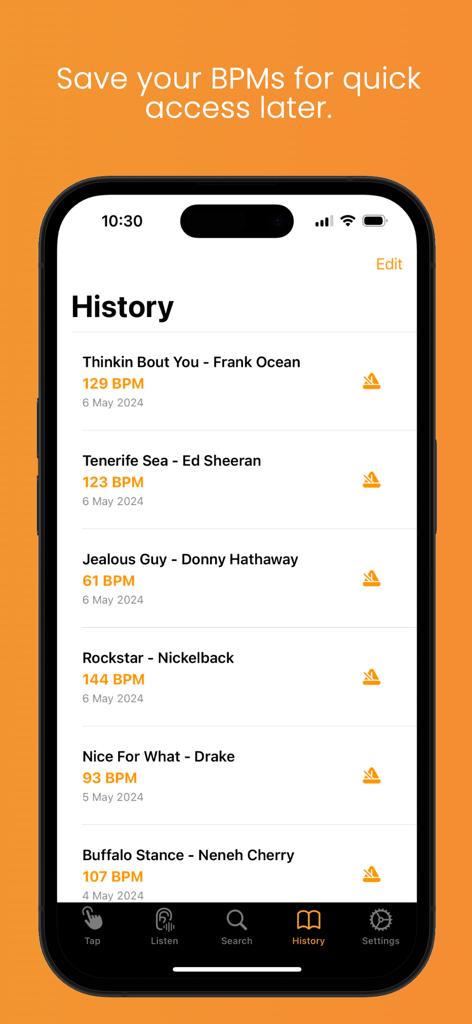 BPM Counter & Detector - Screenshot of the BPM Counter and Detector app history page showing a list of saved songs with their calculated tempo in BPM