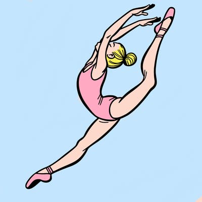 gymnast doing a leap in a leotard with a bent back leg