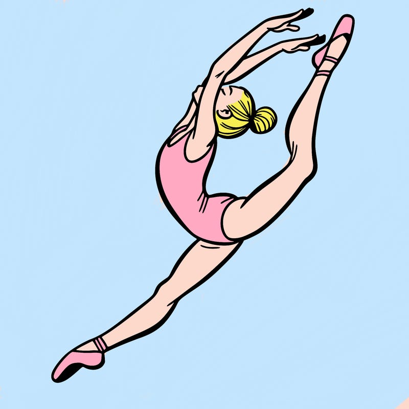 gymnast doing a leap in a leotard with a bent back leg