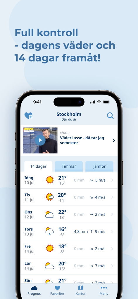 Klart - Väder - Interface of the Klart weather app showing a 14 day forecast for Stockholm with temperatures and wind speeds
