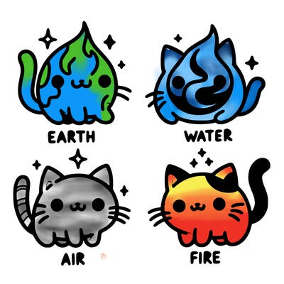 4 cats that represent the different elements, earth, water, air, and fire