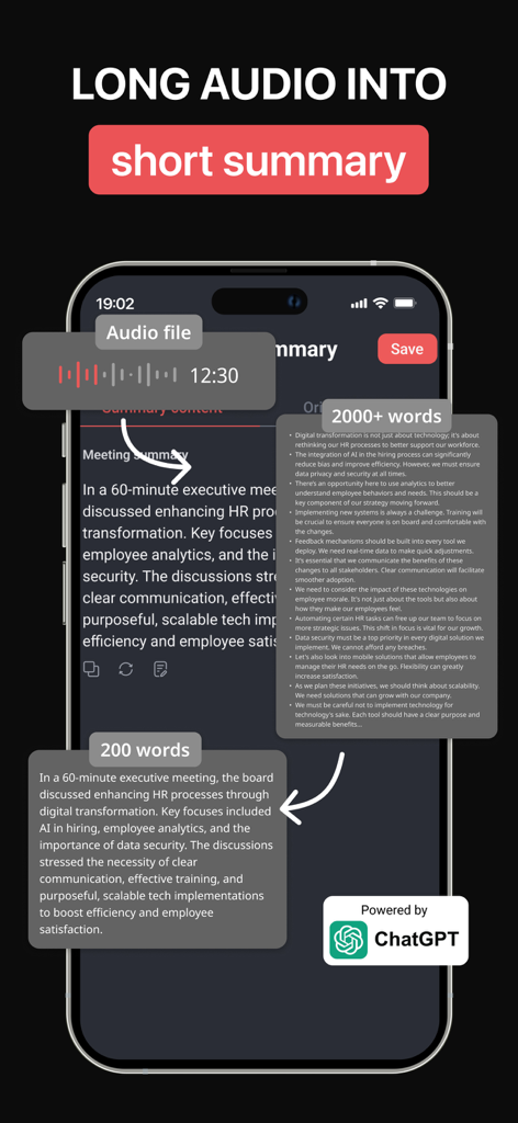 Audio Recorder & Voice To Text - AudiSum app interface showing long meeting audio converted into a short AI summary powered by ChatGPT