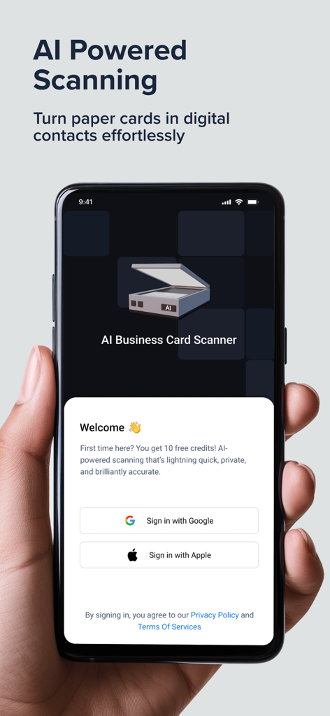 Pantalla de incorporación del Escáner de Tarjetas de Presentación con IA con opciones de inicio de sesión de Google y Apple en un smartphone
