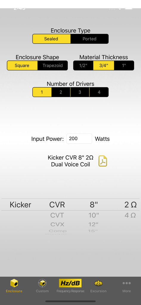 Kicker U - Interface of the Kicker U app showing settings for subwoofer enclosure type, shape, material thickness, and driver selection