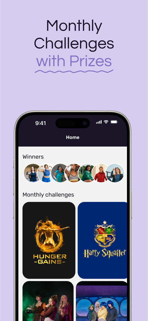 Sculpt You: Women's Fitness - A mobile app screen for Sculpt You showcasing monthly fitness challenges with prizes and a row of previous winners.