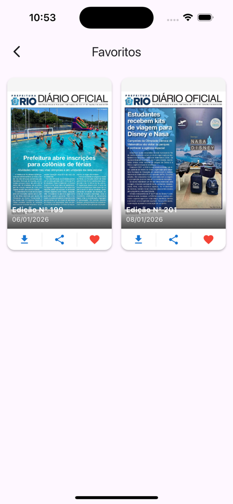 Diário Oficial PCRJ - Pantalla de favoritos de la aplicación Diario Oficial PCRJ mostrando ediciones guardadas de la gaceta oficial.