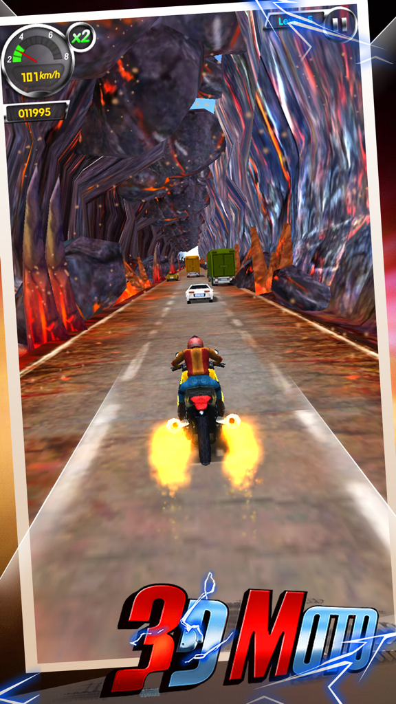 A 3D motorcycle racing game featuring a rider speeding through a volcanic canyon road with flames from the exhaust.