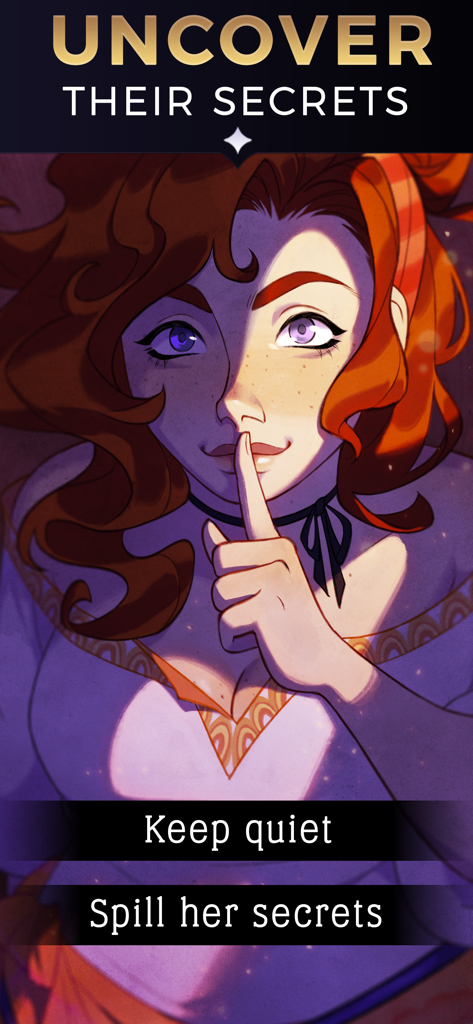 The Arcana: A Mystic Romance - A screenshot from The Arcana visual novel showing character Portia with a shushing gesture and interactive dialogue choices to keep quiet or spill secrets.