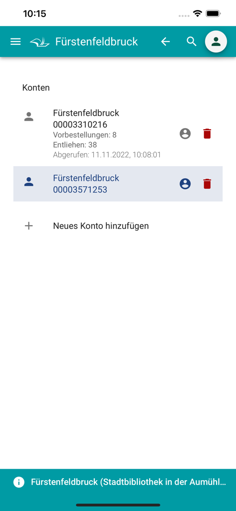 mobilOPAC YourBibアプリのインターフェース、ドイツの公共図書館の複数の図書館アカウント管理を表示