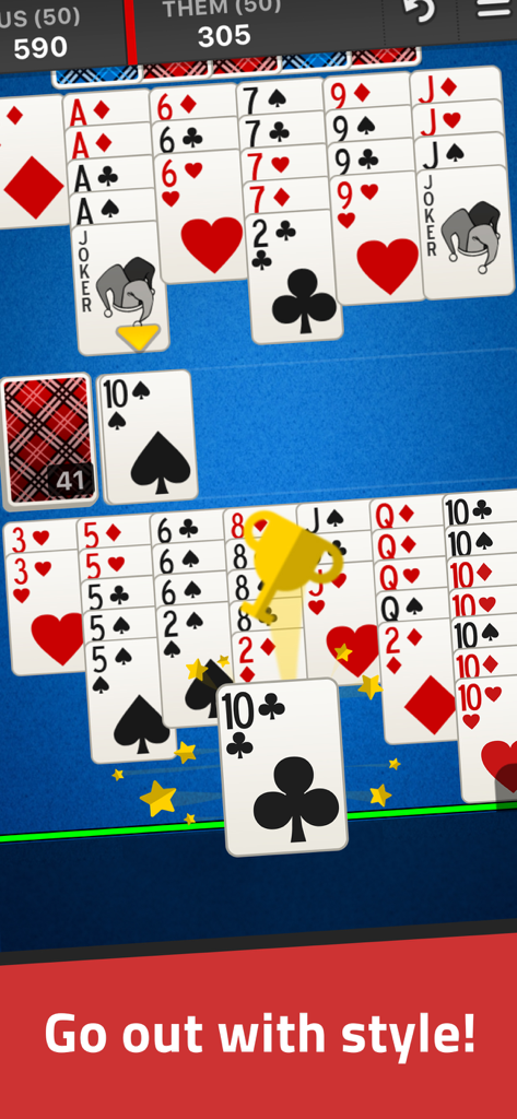Canasta Jogatina: Card Games - Gameplay of Canasta Jogatina showing a winning match with a golden trophy icon and card melds on a blue background