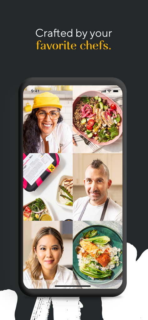 Mobile app screen showing a grid of professional chefs and their gourmet prepared meals.