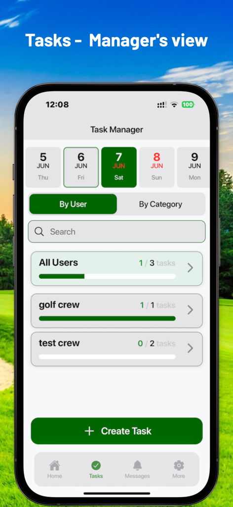 Una captura de pantalla de la App Golf Manager que muestra el progreso y la gestión de tareas para los equipos del campo de golf