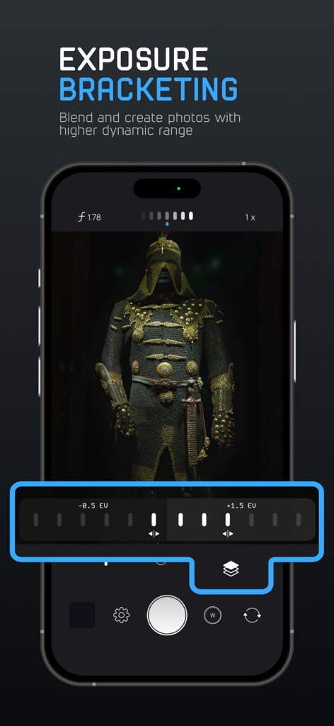 Interfaccia dell'app ProCam che mostra i controlli di bracketing dell'esposizione per catturare foto con una gamma dinamica più elevata