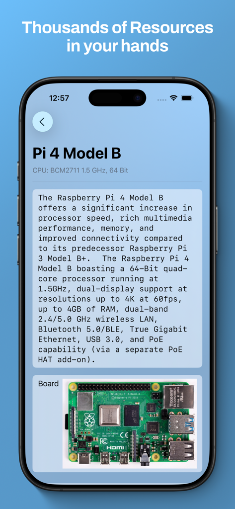 Electronic-Toolbox 2 - Technical details and image of a Raspberry Pi 4 Model B board in the Electronic Toolbox 2 app